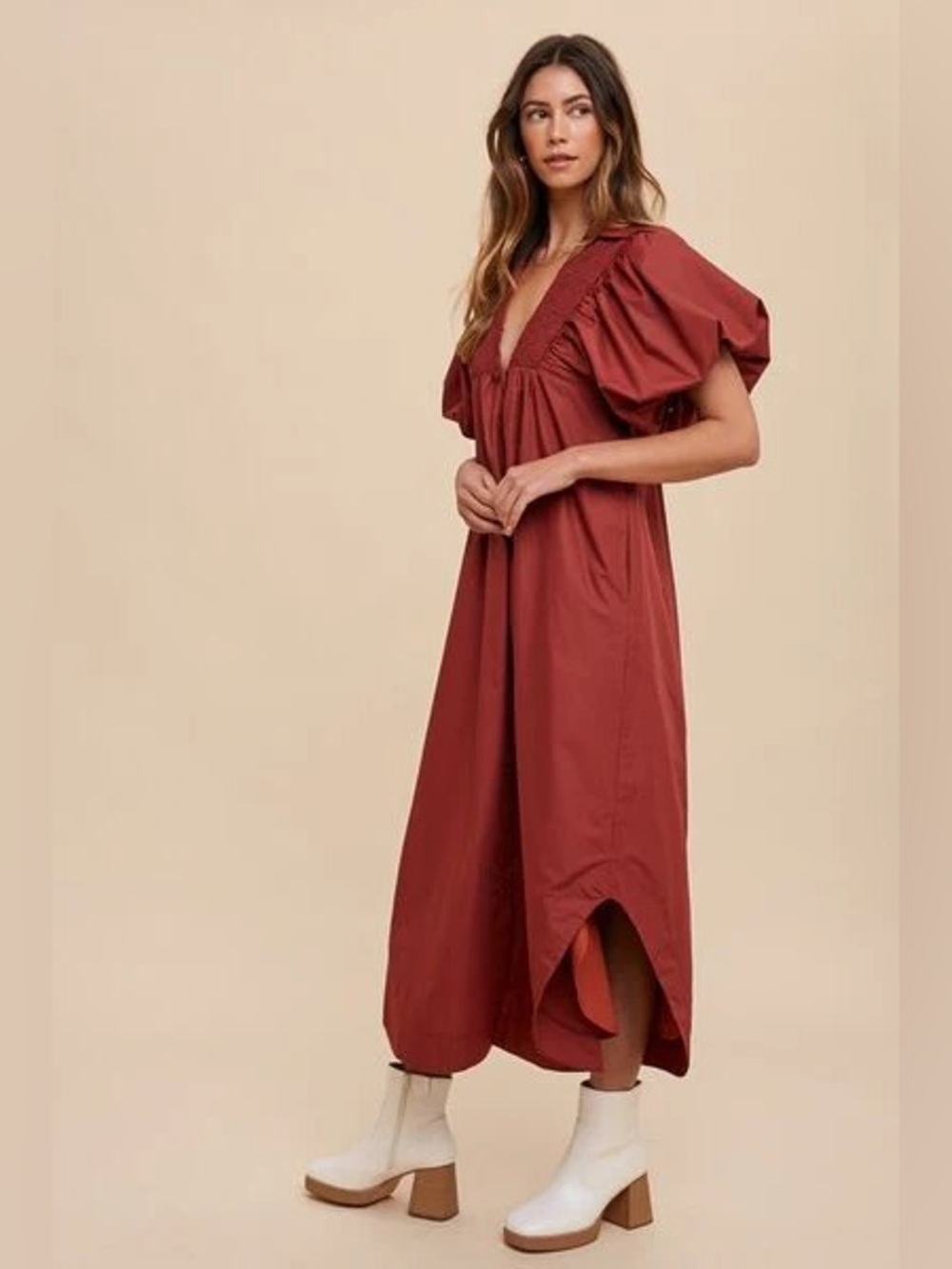 Annie Wear Puff-Sleeve V-Neck Maxi Maroon Dress - Picture 2 of 2